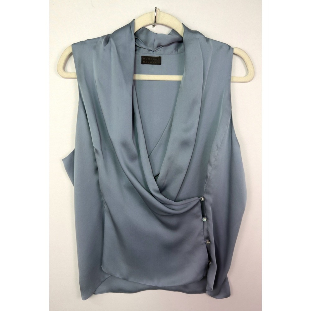 Douglas Hannant 100% Silk‎ Draped Sleeveless Blouse Top Blue Size 14 Made USA